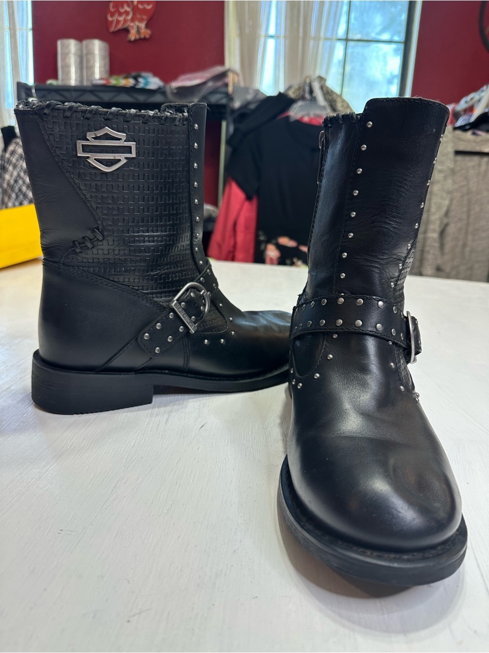 Harley-Davidson Abbie Black Leather Studded Moto Boots Women’s US 10M Biker - Picture 2 of 16